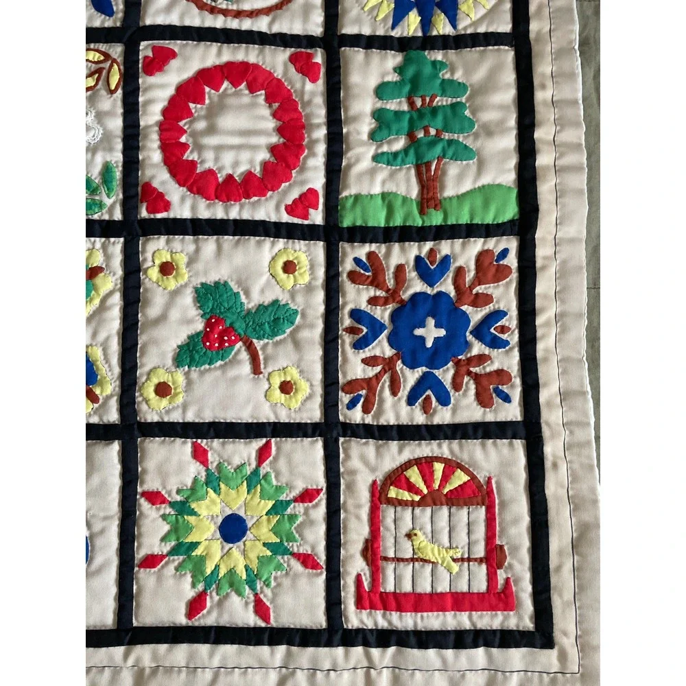 Vintage 1985 Handmade Sampler Album Quilt Applique Hand Quilted Rare 40x40